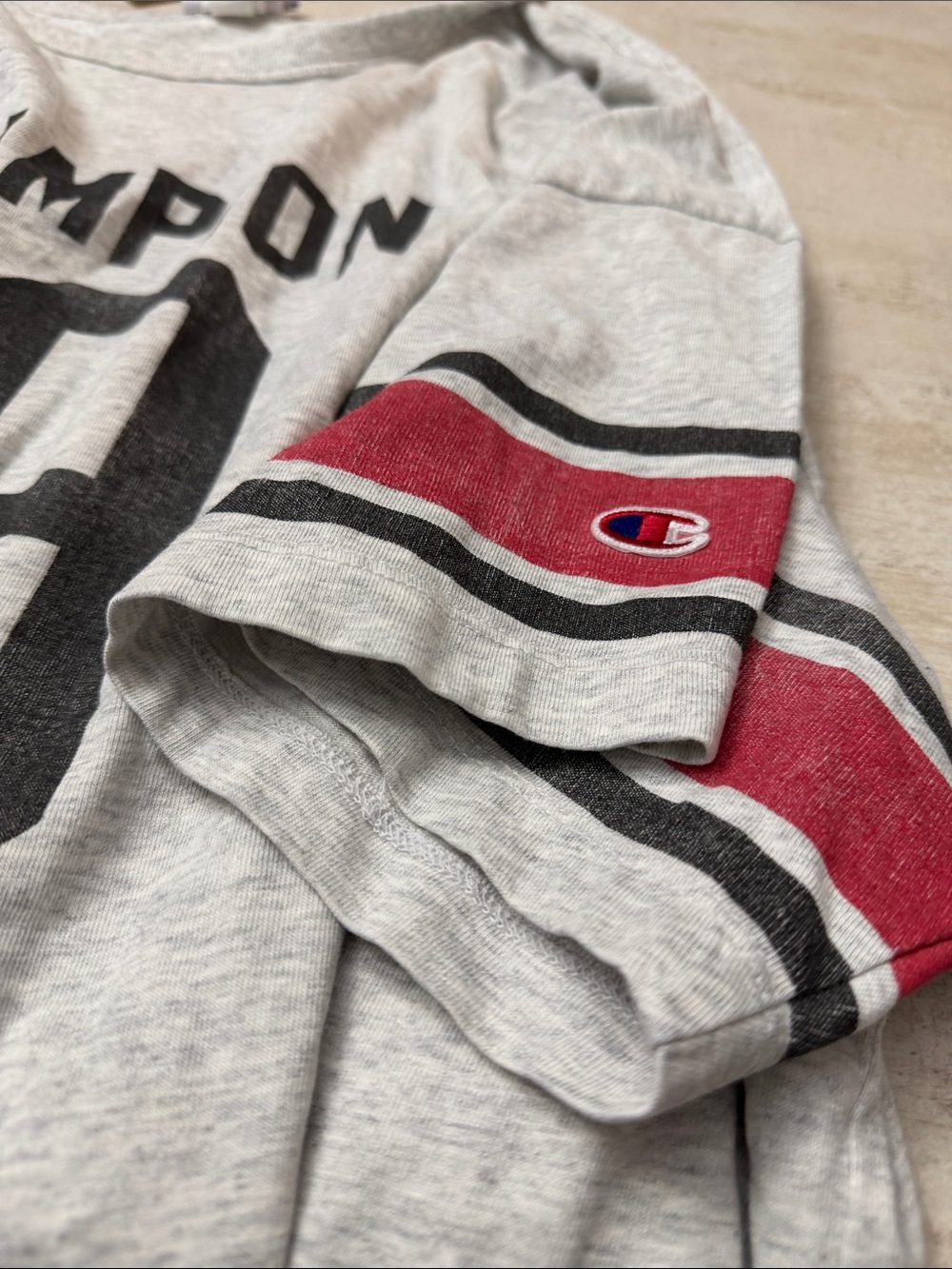 Champion Heather Gray Tee with Red and Black Sleeve Stripes - Picture 5 of 9